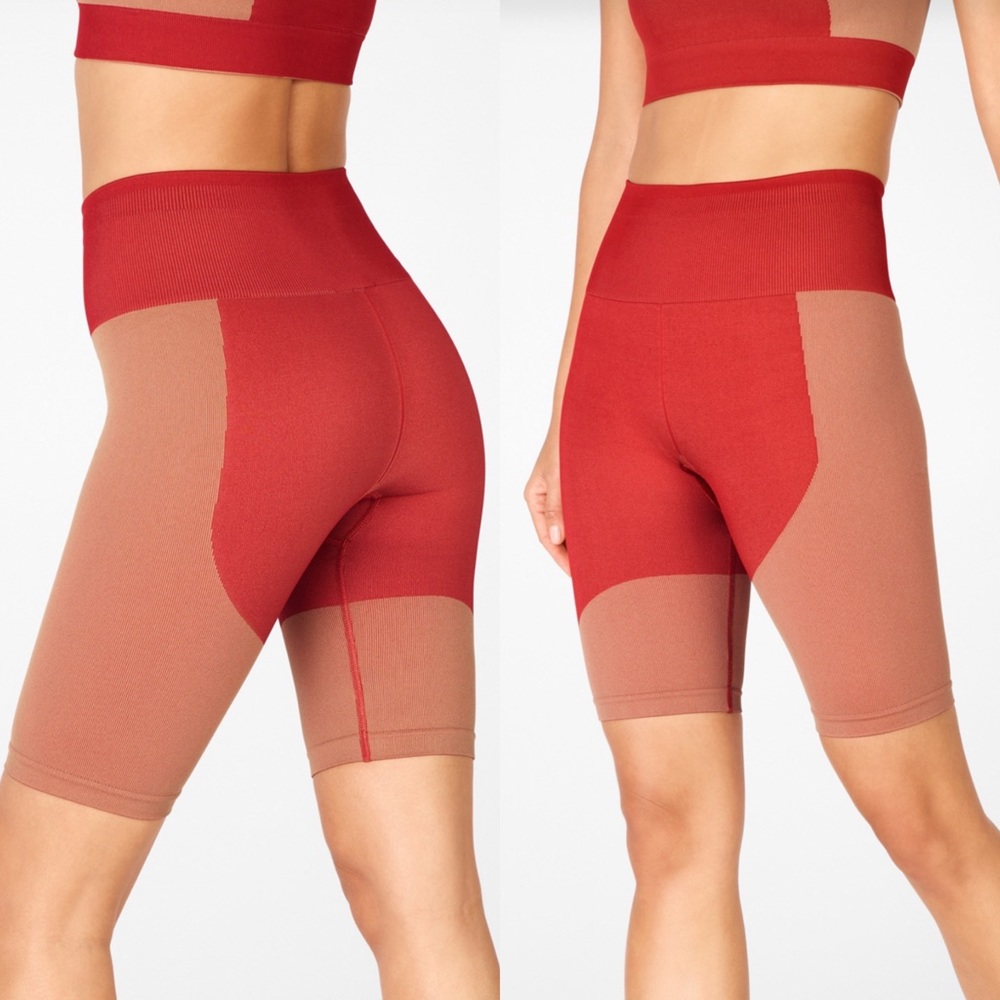 NWT Fabletics Seamless High-Waisted Block Short Red Tan XS